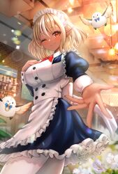 Rule 34 | 1girl, absurdres, alternate costume, apron, bird, black dress, blonde hair, bob cut, breasts, commentary, dark-skinned female, dark skin, dress, elfriend (shiranui flare), enmaided, frilled apron, frilled dress, frills, highres, hololive, large breasts, maid, maid apron, maid headdress, one eye closed, orange eyes, pantyhose, pointy ears, reaching, reaching towards viewer, revision, shiranui flare, virtual youtuber, wajuniorbox, white pantyhose