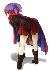 Rule 34 | 1girl, bare legs, black shirt, blouse, boots, bow, breasts, cape, disembodied head, from behind, hair bow, highres, leaning forward, legs apart, long sleeves, miniskirt, red cape, red eyes, red hair, red skirt, sekibanki, shirt, short hair, skirt, small breasts, solo, touhou, tyouseki