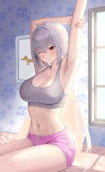 Rule 34 | 1girl, armpits, arms behind head, arms up, bare arms, bare legs, bare shoulders, breasts, cleavage, crop top, doggo34476335, dolphin shorts, drawstring, grey shirt, grey sports bra, highres, indoors, large breasts, looking ahead, midriff, navel, one eye closed, original, pink shorts, red eyes, shirt, short shorts, shorts, sitting, sleeveless, sleeveless shirt, solo, sports bra, stomach, strap gap, stretching, taut clothes, taut shirt, thighs, wavy mouth, white hair