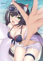 Rule 34 | 1girl, :o, animal ear fluff, animal ears, bare shoulders, beach, bikini, bikini top only, black hair, blue bikini, blurry, blurry foreground, blush, breasts, cleavage, collarbone, dated, depth of field, eyewear on head, fang, foreshortening, front-tie bikini top, front-tie top, green eyes, halterneck, holding, innertube, karyl (princess connect!), karyl (summer) (princess connect!), large breasts, long hair, looking at viewer, medium breasts, multicolored hair, nose blush, open fly, open mouth, outstretched arm, princess connect!, reaching, reaching towards viewer, short shorts, shorts, signature, solo, stomach, streaked hair, sunglasses, swim ring, swimsuit, tail, thigh strap, thighs, twitter username, unel, v-shaped eyebrows, very long hair, water, white hair, white shorts