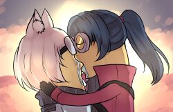 Rule 34 | 1boy, 1girl, alternate species, animal ear fluff, animal ears, black gloves, black hair, cat ears, cat girl, closed eyes, coat, colored skin, commentary, english commentary, french kiss, gloves, goggles, hetero, high ponytail, kiss, long hair, meme, minion (despicable me), mio (xenoblade), noah (xenoblade), outdoors, red coat, saliva, sean sorey, white hair, xenoblade chronicles (series), xenoblade chronicles 3, yellow skin