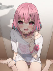 Rule 34 | 1girl, @ @, ahoge, applepie (12711019), barefoot, blue hair, blush, collar, collarbone, commentary request, door, artistic error, fang, fingernails, highres, idolmaster, idolmaster cinderella girls, jewelry, looking at viewer, multicolored hair, off-shoulder shirt, off shoulder, open mouth, panties, pink eyes, pink hair, red collar, ring, shirt, short hair, short sleeves, sitting, soles, solo, t-shirt, tears, thighs, two-tone hair, underwear, wavy mouth, white shirt, wrong foot, yumemi riamu