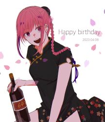 Rule 34 | 1girl, alcohol, black dress, braid, china dress, chinese clothes, chinese knot, dress, floral print, happy birthday, holding, long hair, looking at viewer, lu xiaotang, red eyes, red hair, rokuen skd, sakamoto days, short sleeves, smile, white background
