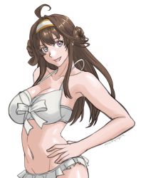 Rule 34 | 1girl, ahoge, bikini, breasts, brown hair, collarbone, commentary request, cowboy shot, dated, double bun, frilled bikini, frills, groin, hairband, hands on own hips, head tilt, headgear, highres, kantai collection, kongou (kancolle), large breasts, long hair, navel, purple eyes, simple background, smile, solo, sozan, swimsuit, twitter username, white background, white bikini