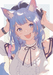 Rule 34 | 1girl, nanashi inc., :3, :d, ahoge, animal ears, animare, beret, black ribbon, blue eyes, blue hair, blunt bangs, cat ears, cat tail, center frills, commentary, drop earrings, earrings, fang, frills, hands on own head, hands up, hat, heart, heart earrings, highres, jewelry, junwool, looking to the side, medium hair, multicolored eyes, neck ribbon, open mouth, ribbon, see-through, shirt, smile, solo, souya ichika, tail, upper body, virtual youtuber, white shirt, wristband
