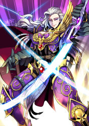 Rule 34 | 1girl, afterimage, armor, breasts, cleavage, cleavage cutout, clothing cutout, commentary, emperor&#039;s children, english commentary, fulgrim, full armor, gauntlets, genderswap, genderswap (mtf), highres, holding, holding sword, holding weapon, large breasts, long hair, looking at viewer, mole, mole under eye, ornate armor, pelvic curtain, power sword, primarch, purple armor, purple eyes, ryuusei (mark ii), silver hair, slashing, solo, sword, warhammer 40k, weapon