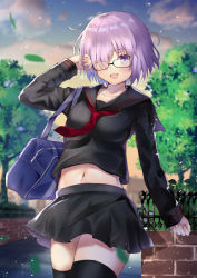 Rule 34 | 1girl, :d, alternate costume, arm up, bag, black hair, black sailor collar, black serafuku, black shirt, black skirt, black thighhighs, blush, breasts, cloud, cloudy sky, collarbone, commentary request, cowboy shot, day, duffel bag, fate/grand order, fate (series), fence, glasses, hair over one eye, long sleeves, looking at viewer, mash kyrielight, medium breasts, midriff, miniskirt, mishiro (ixtlolton), navel, neckerchief, open mouth, outdoors, purple eyes, purple hair, red neckerchief, sailor collar, school uniform, serafuku, shirt, short hair, skirt, sky, sleeves past wrists, smile, solo, stomach, thighhighs, tree, zettai ryouiki, zipper pull tab
