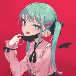 Rule 34 | 1girl, :d, bandaid, bandaid on neck, black bow, bow, center frills, collared shirt, commentary request, dress shirt, ear piercing, earrings, fang, frilled shirt collar, frills, green eyes, green hair, hair bow, hair ornament, hand up, hatsune miku, heart, heart hair ornament, highres, jewelry, long hair, long sleeves, looking at viewer, mask, mask pull, mouth mask, open mouth, piercing, pink shirt, puffy long sleeves, puffy sleeves, pulling own clothes, quarterlift, red background, ring, shirt, simple background, sleeves past wrists, smile, solo, stud earrings, teeth, twintails, upper body, upper teeth only, vampire (vocaloid), very long hair, vocaloid