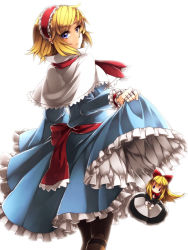 Rule 34 | 1girl, alice margatroid, bad id, bad pixiv id, black pantyhose, blonde hair, blue eyes, boots, bow, capelet, clothes lift, doll, dress, dress lift, female focus, from behind, hair bow, hairband, jewelry, looking back, pantyhose, puppet rings, ring, sayuma, shanghai doll, short hair, solo, touhou