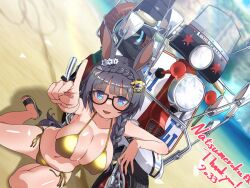 Rule 34 | 1girl, animal ears, badluck2033, beach, bikini, black hair, blue eyes, blurry, blurry background, blush, braid, breasts, cleavage, collarbone, commentary request, commission, crown braid, gold bikini, hair ornament, horse ears, horse tail, large breasts, long hair, looking at viewer, motor vehicle, motorcycle, navel, ocean, pointing, pointing at viewer, sand, side braid, skeb commission, solo, swimsuit, tail, umamusume, v, zenno rob roy (umamusume)