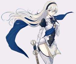 1girl armor black_hairband blue_cape cape closed_mouth commentary_request corrin_(female)_(fire_emblem) corrin_(fire_emblem) fire_emblem fire_emblem_fates floating_hair grey_background grey_hair hair_between_eyes hairband hand_on_own_chest highres holding holding_sword holding_weapon long_hair looking_at_viewer nintendo pointy_ears red_eyes roroichi simple_background solo sword weapon yato_(fire_emblem)