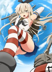 Rule 34 | 10s, 1girl, ;o, anchor, arm up, armpits, black panties, blonde hair, elbow gloves, from below, gloves, grey eyes, hairband, highres, kantai collection, lifebuoy, long hair, one eye closed, open mouth, panties, pantyshot, rensouhou-chan, rumia (compacthuman), shimakaze (kancolle), skirt, solo, striped clothes, striped thighhighs, swim ring, thighhighs, underwear, upskirt