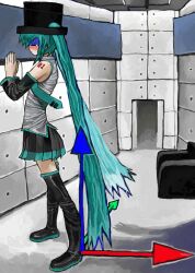 Rule 34 | 1girl, 3d origin, = =, absurdres, armchair, black footwear, black hat, black skirt, blobfishizzy, blue hair, blue nails, blue necktie, blush, boots, ceiling light, chair, closed eyes, closed mouth, collared shirt, door, floating neckwear, from side, full body, gloom (expression), grey shirt, hands up, hat, hatsune miku, highres, indoors, jamiroquai, long hair, meme, necktie, nose blush, number tattoo, open door, own hands together, palms together, parody, pleated skirt, profile, shaded face, shirt, shoulder tattoo, skirt, solo, standing, tattoo, tearing up, thigh boots, tie clip, tile wall, tiles, top hat, twintails, very long hair, vocaloid