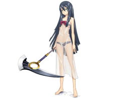 Rule 34 | 1girl, ar tonelico, ar tonelico iii, barefoot, black hair, bra, green eyes, gust, jpeg artifacts, lingerie, long hair, nagi ryou, panties, ribbon, see-through, solo, soma (ar tonelico), source request, underwear, very long hair, weapon, wet