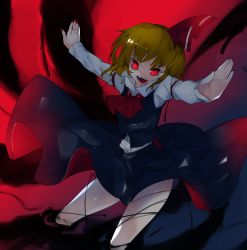 Rule 34 | + +, 1girl, arm garter, ascot, bare legs, black background, black skirt, black vest, blonde hair, clothes lift, commentary request, cowboy shot, darkness, fangs, female focus, fingernails, glowing, glowing eyes, hair ribbon, highres, ikurauni, jewelry, legs, long fingernails, long sleeves, looking at viewer, nail polish, open mouth, outstretched arms, red ascot, red background, red eyes, red nails, red ribbon, ribbon, rumia, shirt, short hair, skirt, skirt lift, solo, spread arms, symbol-shaped pupils, touhou, two-tone background, vest, white shirt, wind, wind lift, wing collar