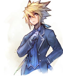 Rule 34 | 1boy, alternate costume, animal ears, arm behind back, blonde hair, blue eyes, butler, chung seiker, closed mouth, cropped torso, elsword, formal, gloves, hand on own chest, looking at viewer, male focus, simple background, solo, spiked hair, suit, tactical trooper (elsword), wanko (takohati8), white background, white gloves