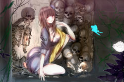 Rule 34 | 1girl, :d, breasts, brown hair, bug, butterfly, cleavage, dress, flower, bug, long hair, open mouth, original, rose, skeleton, skull, smile, solo, syozui, white rose