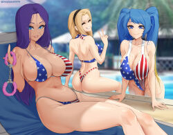 Rule 34 | 3girls, alternate costume, american flag bikini, american flag print, arm at side, artist name, ass, back, bare arms, bare legs, bare shoulders, bikini, black hairband, blonde hair, blue eyes, blue hair, breast press, breasts, caitlyn (league of legends), cleavage, closed eyes, closed mouth, collarbone, cowboy shot, deepspace, eyebrows, eyelashes, feet out of frame, female focus, flag print, grin, hairband, hand up, highleg, highleg bikini, highleg swimsuit, huge breasts, large breasts, league of legends, leaning back, leaning forward, lipstick, long hair, looking at viewer, lux (league of legends), makeup, multicolored hair, multiple girls, naughty face, navel, one-piece swimsuit, outdoors, parted lips, pool, pov, print bikini, purple hair, reclining, red lips, sitting, smile, sona (league of legends), standing, swimsuit, tight clothes, twintails, two-tone hair, v, wet, wide hips