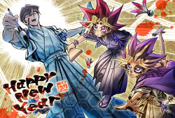 Rule 34 | 3boys, alternate costume, black hair, black kimono, blonde hair, blue eyes, bodypaint, brown hair, calligraphy brush, drawing on another&#039;s face, dyed bangs, english text, facepaint, feet out of frame, full body, hagoita, hane (hanetsuki), hanetsuki, happy new year, holding, holding staff, ink, japanese clothes, kaiba seto, kimono, looking at another, male focus, multicolored hair, multiple boys, muto yugi, na222222, new year, open mouth, paddle, paintbrush, parted bangs, pink hair, purple hair, red hair, staff, tagme, yami yugi, yu-gi-oh!, yu-gi-oh! the dark side of dimensions