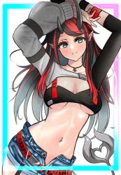 Rule 34 | 1girl, absurdres, arm strap, arms up, bad id, bad pixiv id, belt, bikini, bikini top only, black bikini, black hair, blue eyes, blue shorts, blush, breasts, closed mouth, commentary request, contrapposto, cowboy shot, demon girl, demon horns, demon tail, duplicate, ear piercing, fishnet top, fishnets, highres, horns, jewelry, large breasts, long hair, looking at viewer, loose belt, midriff, multicolored hair, nanashi inc., navel, navel piercing, necklace, neon trim, official alternate costume, open fly, piercing, pointy ears, red belt, red hair, russian text, ryugasaki rene, ryugasaki rene (2nd costume), sanada shinka, short shorts, shorts, shrug (clothing), single sleeve, smile, solo, sugar lyric, suspenders, swimsuit, tail, transparent background, two-tone hair, underboob, virtual youtuber