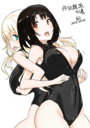 Rule 34 | 10s, 2girls, atago (kancolle), back-to-back, black hair, blonde hair, breasts, cleavage cutout, clothing cutout, front zipper swimsuit, green eyes, highres, kantai collection, large breasts, locked arms, long hair, looking back, meme attire, multiple girls, one-piece swimsuit, red eyes, short hair, stretching, swimsuit, takao (kancolle), tooya daisuke