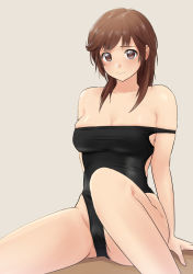 Rule 34 | 1girl, amagami, black one-piece swimsuit, brown eyes, brown hair, clothes pull, competition swimsuit, highres, looking at viewer, one-piece swimsuit, one-piece swimsuit pull, sakurai rihoko, shirt, short hair, solo, swimsuit, swimsuit under clothes, yoo tenchi