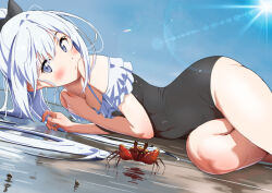 Rule 34 | 1girl, :|, black bow, black one-piece swimsuit, blue archive, blue eyes, blue hair, blue sky, blush, bow, breasts, casual one-piece swimsuit, closed mouth, commentary request, covered navel, crab, dot nose, dutch angle, frilled one-piece swimsuit, frills, furuyama itaru, hair bow, hand on own chest, lens flare, light blue hair, long hair, looking at viewer, lying, miyako (blue archive), miyako (swimsuit) (blue archive), off-shoulder one-piece swimsuit, off shoulder, official alternate costume, on side, one-piece swimsuit, pebble, ponytail, ripples, sky, small breasts, swimsuit, two-tone one-piece swimsuit, water