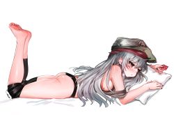 Rule 34 | 1girl, ass, barefoot, black nails, black panties, breasts, condom, condom wrapper, dokomon, feet, feet up, female focus, from side, full body, g11 (girls&#039; frontline), girls&#039; frontline, green hat, grey hair, hat, highres, holding, holding condom, long hair, lying, medium breasts, nail polish, no bra, on stomach, panties, pillow, red eyes, sideboob, simple background, soles, solo, the pose, toes, underwear, white background