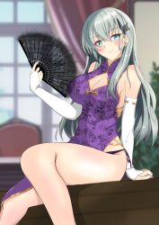 Rule 34 | 1girl, alt text, alternate costume, aqua eyes, aqua hair, blurry, blurry background, breasts, bridal gauntlets, china dress, chinese clothes, cleavage cutout, clothing cutout, commentary request, curtains, desk, dress, feet out of frame, folding fan, hair ornament, hairclip, hand fan, highres, kantai collection, large breasts, long hair, nitamako (sakamalh), sitting, solo, suzuya (kancolle), window