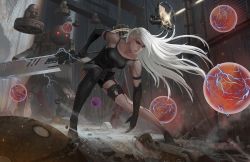 Rule 34 | 1girl, android, armlet, bare shoulders, battle, black gloves, black shorts, blue eyes, breasts, collarbone, commentary, debris, drone, elbow gloves, electricity, english commentary, fighting stance, gloves, holding, holding sword, holding weapon, joints, long hair, medium breasts, mole, mole under mouth, nier (series), nier:automata, orb, outdoors, pink lips, pod (nier:automata), robot, robot joints, short shorts, shorts, silver hair, solo, sword, sword behind back, tank top, weapon, yagaminoue, a2 (nier:automata)