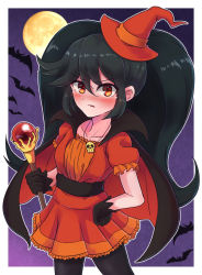 Rule 34 | ashley (warioware), bat (animal), black gloves, black hair, black pantyhose, blush, cape, dress, gloves, halloween, hat, highres, jewelry, long hair, looking at viewer, moon, necklace, nintendo, pantyhose, red dress, red eyes, red hat, skull necklace, solo, twintails, wakaba (wata ridley), wand, warioware, witch, witch hat