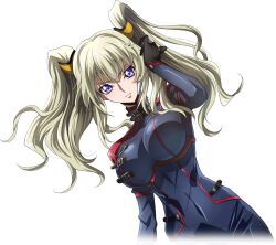 Rule 34 | 1girl, adjusting hair, arm at side, arm up, artist request, black bodysuit, black gloves, blonde hair, blue eyes, bodysuit, breasts, closed mouth, code geass, code geass: boukoku no akito, code geass: lost stories, covered navel, cropped torso, dutch angle, female focus, game cg, gloves, hair between eyes, hair ornament, large breasts, leila malcal, long hair, looking at viewer, non-web source, official art, serious, sidelocks, simple background, skin tight, solo, standing, transparent background, twintails, upper body, v-shaped eyebrows