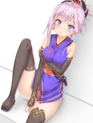 Rule 34 | 1girl, bare shoulders, black thighhighs, blue eyes, blush, breast hold, breast lift, breasts, collarbone, earrings, fate/grand order, fate (series), highres, jewelry, light purple hair, looking at viewer, medium breasts, miyamoto musashi (fate), miyamoto musashi (first ascension) (fate), parted lips, reinama, sandals, short hair, sitting, solo, thighhighs