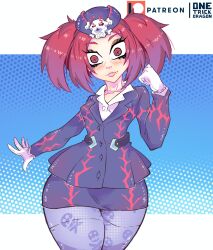 Rule 34 | 1girl, blush, fang, female focus, hat, highres, looking at viewer, one trick dragon, red eyes, red hair, skull, solo, tour guide from the underworld, wide hips, yu-gi-oh!