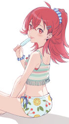 Rule 34 | 1girl, ahoge, back, bare shoulders, bikini, blue scrunchie, blush, breasts, dot nose, food, from side, hair between eyes, hair ornament, hair scrunchie, hairclip, hand up, highres, holding, holding food, holding popsicle, idolmaster, idolmaster shiny colors, indian style, komiya kaho, long hair, looking at viewer, medium breasts, multicolored bikini, multicolored clothes, nonaka nono, ponytail, popsicle, print bikini, red eyes, red hair, scrunchie, simple background, sitting, smile, solo, striped bikini, striped clothes, striped scrunchie, swimsuit, tongue, tongue out, white background, wrist scrunchie