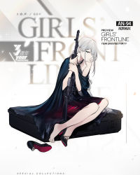Rule 34 | 1girl, alternate hairstyle, an-94 (girls&#039; frontline), an-94 (silent rouge) (girls&#039; frontline), bare shoulders, barefoot, belt, black dress, black footwear, black gloves, blue eyes, breasts, character name, closed mouth, clothes lift, collarbone, dress, dress lift, duoyuanjun, expressionless, folded ponytail, full body, girls&#039; frontline, gloves, gradient dress, hair between eyes, hair ornament, hairband, half-closed eyes, halter dress, halterneck, high heels, highres, logo, long hair, looking at viewer, luggage, off shoulder, official alternate costume, official art, purple dress, shoes, unworn shoes, sidelocks, silver hair, single glove, single shoe, sitting, small breasts, solo, torn clothes, torn dress, weapon case, wristband