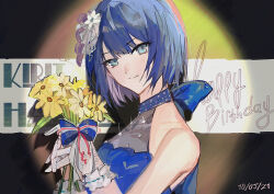 Rule 34 | 1girl, bare shoulders, blue choker, blue dress, blue eyes, blue hair, bouquet, character name, choker, closed mouth, dated, dress, flower, glint, gloves, hand up, happy birthday, highres, holding, holding bouquet, kiritani haruka, looking at viewer, project sekai, pyongtaro, short hair, smile, solo, spotlight, strapless, strapless dress, upper body, white flower, white gloves