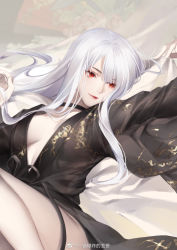 Rule 34 | 1girl, arm up, breasts, choker, copyright request, highres, light smile, lips, long hair, lying, medium breasts, red eyes, robe, see-through silhouette, shi er xian, sidelocks, solo, weibo watermark, white hair