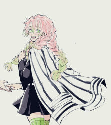 Rule 34 | 1girl, blush, borrowed clothes, braid, breasts, disembodied hand, female focus, from behind, gradient hair, green eyes, green hair, grey background, hair between eyes, highres, kanroji mitsuri, kimetsu no yaiba, long hair, lower teeth only, mole, mole under eye, multicolored hair, open mouth, pink hair, smile, souryu513 (sousuke), striped cape, striped clothes, striped thighhighs, teeth, thighhighs, upper teeth only, zettai ryouiki