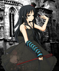 Rule 34 | 1girl, akiyama mio, amage kanade, bad id, bad pixiv id, black eyes, black hair, cane, don&#039;t say &quot;lazy&quot;, dress, female focus, fingerless gloves, gloves, hat, k-on!, long hair, mini hat, mini top hat, partially colored, solo, top hat