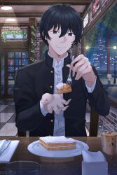 Rule 34 | 1boy, 1other, ball, black eyes, black hair, blue lock, building, cake, chainsaw man, chigiri hyoma, coffee, cup, food, fork, fourth east high school uniform, hands up, highres, holding, holding fork, knife, lamppost, looking at viewer, male focus, mole, mole under mouth, napkin, neco-arc, night, rappa, red hair, school uniform, short hair, sitting, soccer ball, solo focus, star (sky), table, tsukihime, when you see it, window, yoshida hirofumi