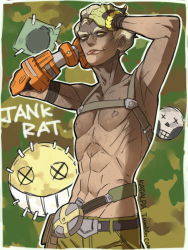Rule 34 | 1boy, blonde hair, eyebrows, hands on own head, harness, junkrat (overwatch), male focus, md5 mismatch, mechanical arms, muscular, overwatch, overwatch 1, resized, single mechanical arm, solo, thick eyebrows, tongue, tongue out, typo, yellow eyes