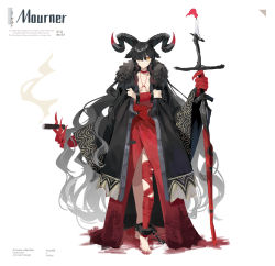 Rule 34 | 1girl, bandaged leg, bandages, barefoot, between fingers, black coat, black hair, blood, breasts, candle, choker, cigar, closed mouth, coat, coat on shoulders, collarbone, dress, fire, full body, hair over one eye, highres, holding, holding cigar, horns, ji dao ji, looking at viewer, orange eyes, original, red choker, red dress, simple background, small breasts, smoke, solo, standing, white background