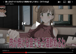 Rule 34 | 1girl, 216 zig, absurdres, bag, blush, brown hair, clothing cutout, earrings, fake screenshot, fake video, green eyes, hair ornament, hairclip, heart, heart necklace, highres, holding, idolmaster, idolmaster cinderella girls, indoors, jewelry, long hair, long sleeves, nail polish, necklace, parted lips, plate, ribbed sweater, sato shin, shoulder cutout, sitting, solo, sweater, translation request, yakiniku