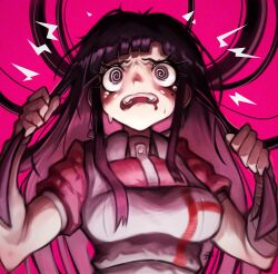 Rule 34 | 1girl, @ @, absurdres, apron, bandaged arm, bandages, black hair, blush, breasts, collared shirt, danganronpa (series), danganronpa 2: goodbye despair, grey apron, hair up, highres, holding, holding hair, large breasts, long hair, onimiere, pink background, pink shirt, shirt, simple background, solo, tears, teeth, tsumiki mikan, upper body, upper teeth only