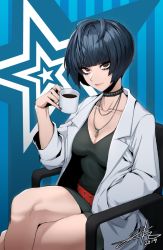 Rule 34 | &gt;:), 1girl, 2019, belt, black choker, black hair, blue background, blue hair, blunt bangs, breasts, brown eyes, chair, choker, cleavage, closed mouth, coffee, coffee mug, collarbone, crossed legs, cup, dated, eyelashes, female focus, hand in pocket, holding, holding cup, j.k., jewelry, lab coat, lips, long sleeves, looking at viewer, medium breasts, mug, nail polish, necklace, on chair, persona, persona 5, red nails, short hair, signature, sitting, smile, solo, star (symbol), starry background, striped, striped background, studded choker, takemi tae, thighs, v-shaped eyebrows, vertical stripes