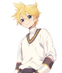Rule 34 | 1boy, blonde hair, blue eyes, commentary, highres, kagamine len, layered clothes, light blush, looking at viewer, m0ti, male focus, short ponytail, simple background, smile, solo, spiked hair, sweater, turtleneck, upper body, vocaloid, white background, white sweater