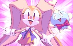 Rule 34 | &gt; &lt;, 1girl, :3, absurdres, animal nose, body fur, bow, bowtie, chao (sonic), cheese (sonic), child, closed eyes, collared dress, cowboy shot, cream the rabbit, dress, facing viewer, female focus, flat chest, floating, full body, gloves, happy, highres, long ears, looking at viewer, multicolored fur, nano (nanolovesyou), open mouth, orange dress, orange eyes, orange fur, pink background, rabbit ears, rabbit girl, red bow, red bowtie, short dress, sleeveless, sleeveless dress, smile, sonic (series), standing, traditional bowtie, white fur, white gloves, wide-eyed