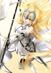 Rule 34 | 1girl, absurdres, armor, armored dress, azami masurao, bare shoulders, blonde hair, breasts, chain, dress, fate/apocrypha, fate/grand order, fate (series), flag, highres, holding, holding flag, holding weapon, jeanne d&#039;arc (fate), jeanne d&#039;arc (ruler) (fate), jeanne d&#039;arc (third ascension) (fate), long hair, looking at viewer, looking up, open mouth, solo, standing, standing on one leg, sword, thighhighs, very long hair, weapon, white dress, yellow eyes