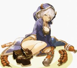 Rule 34 | 10s, 1girl, ammunition, boots, breasts, cleavage, cloak, draph, granblue fantasy, green eyes, grey hair, gun, hood, hooded cloak, horns, kumuyu, looking at viewer, low twintails, open mouth, shorts, simple background, sitting, so-bin, solo, tears, teeth, twintails, weapon